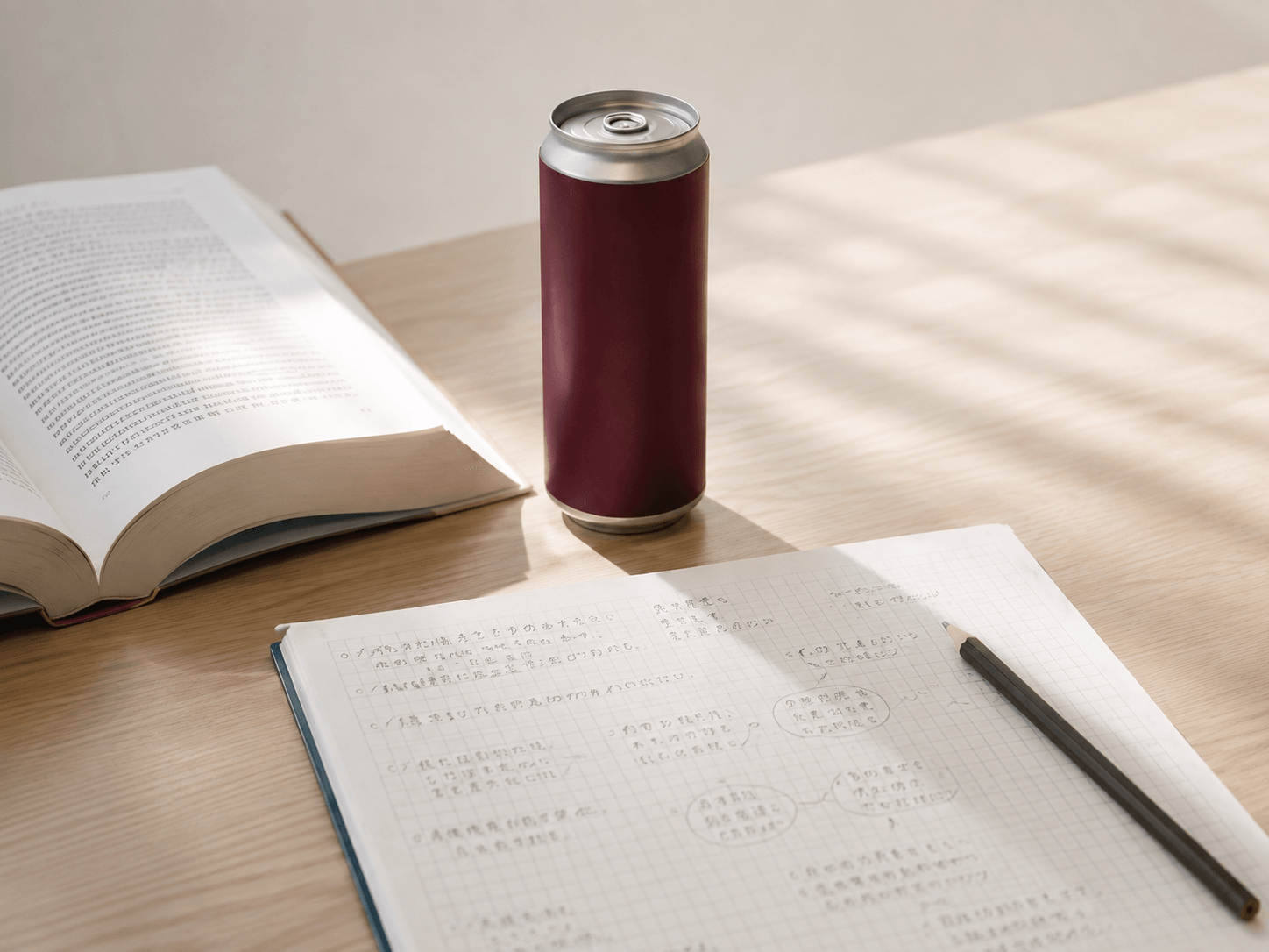 ワイン色の缶を、開いた本とノートのそばに置いた研究のイメージ。